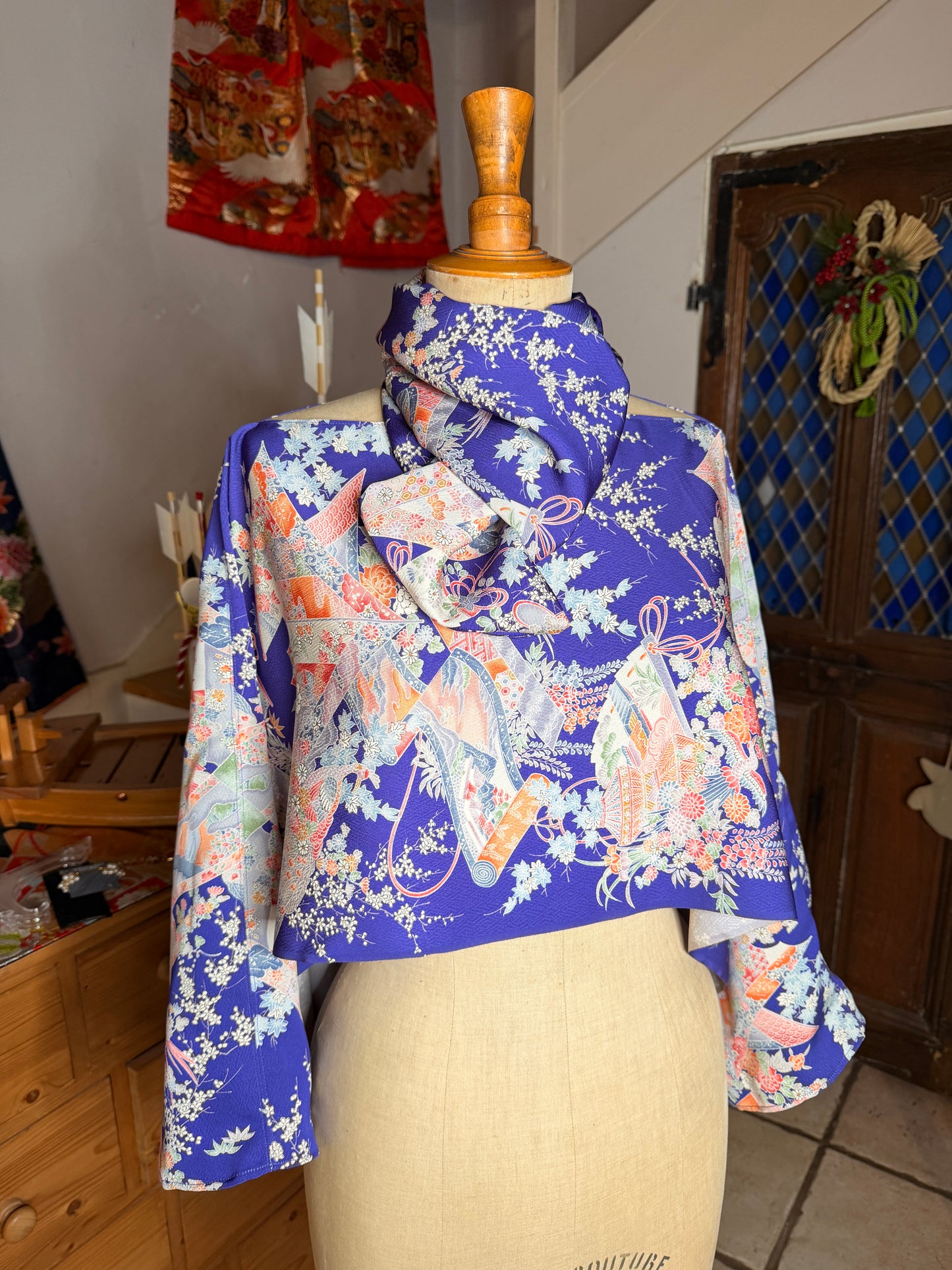 Top court tunique blouse manches longues kimono japonais en soie