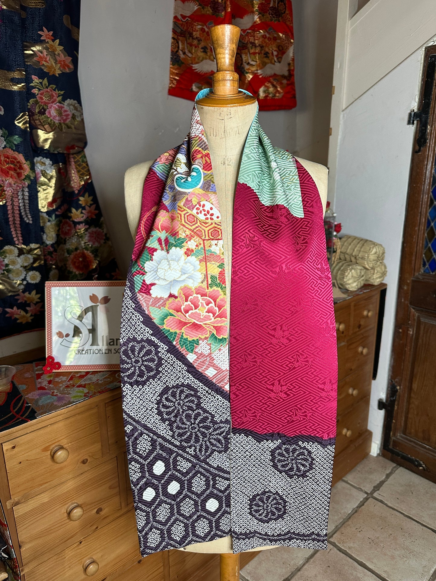 Foulard réversible furisode kimono japonais en soie Neuf