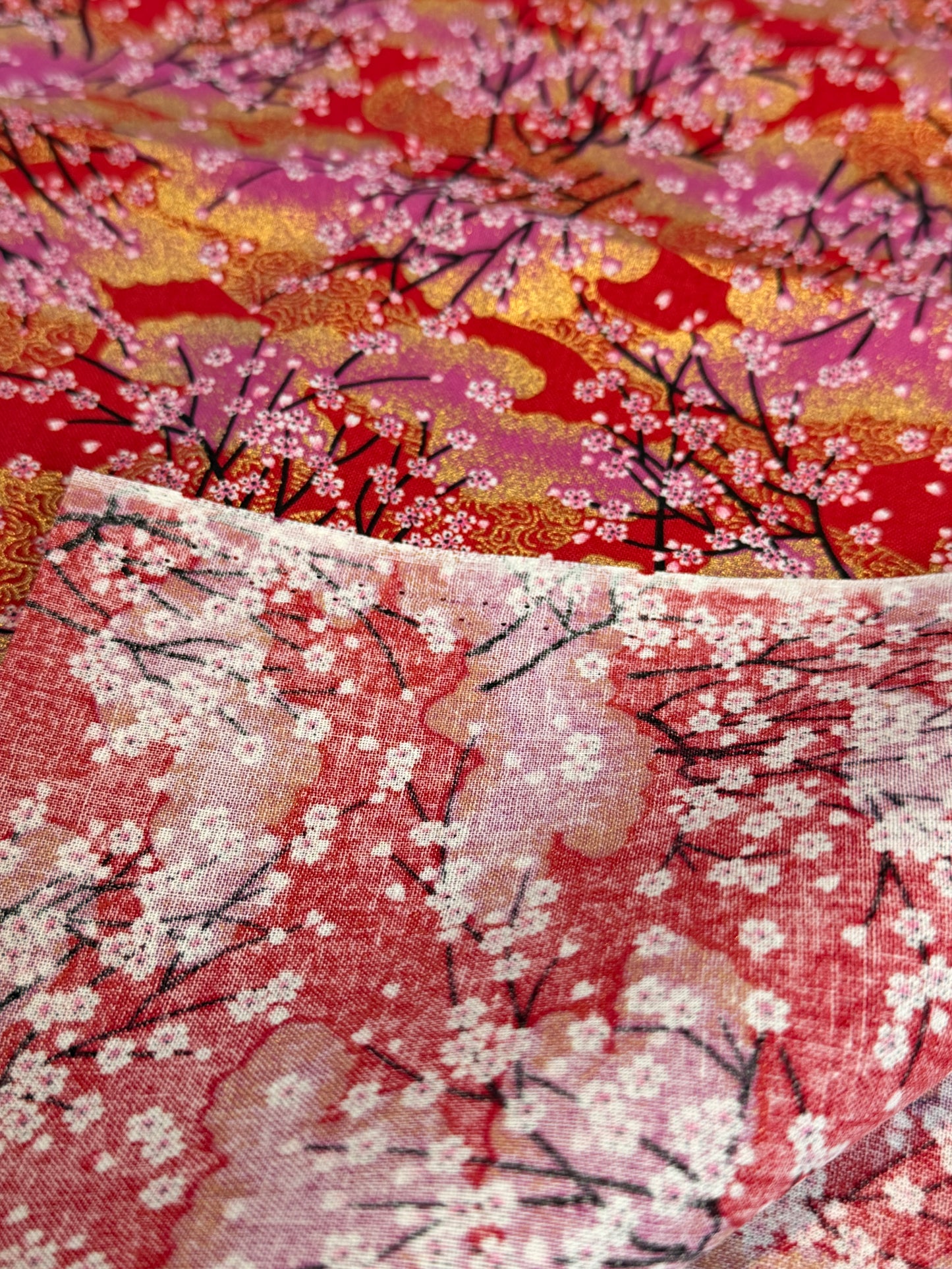 Tissu japonais cerisiers rouge rose