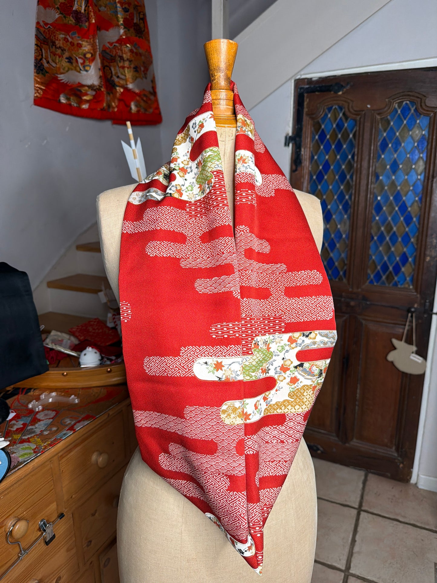 Japanese kimono silk scarf necktie