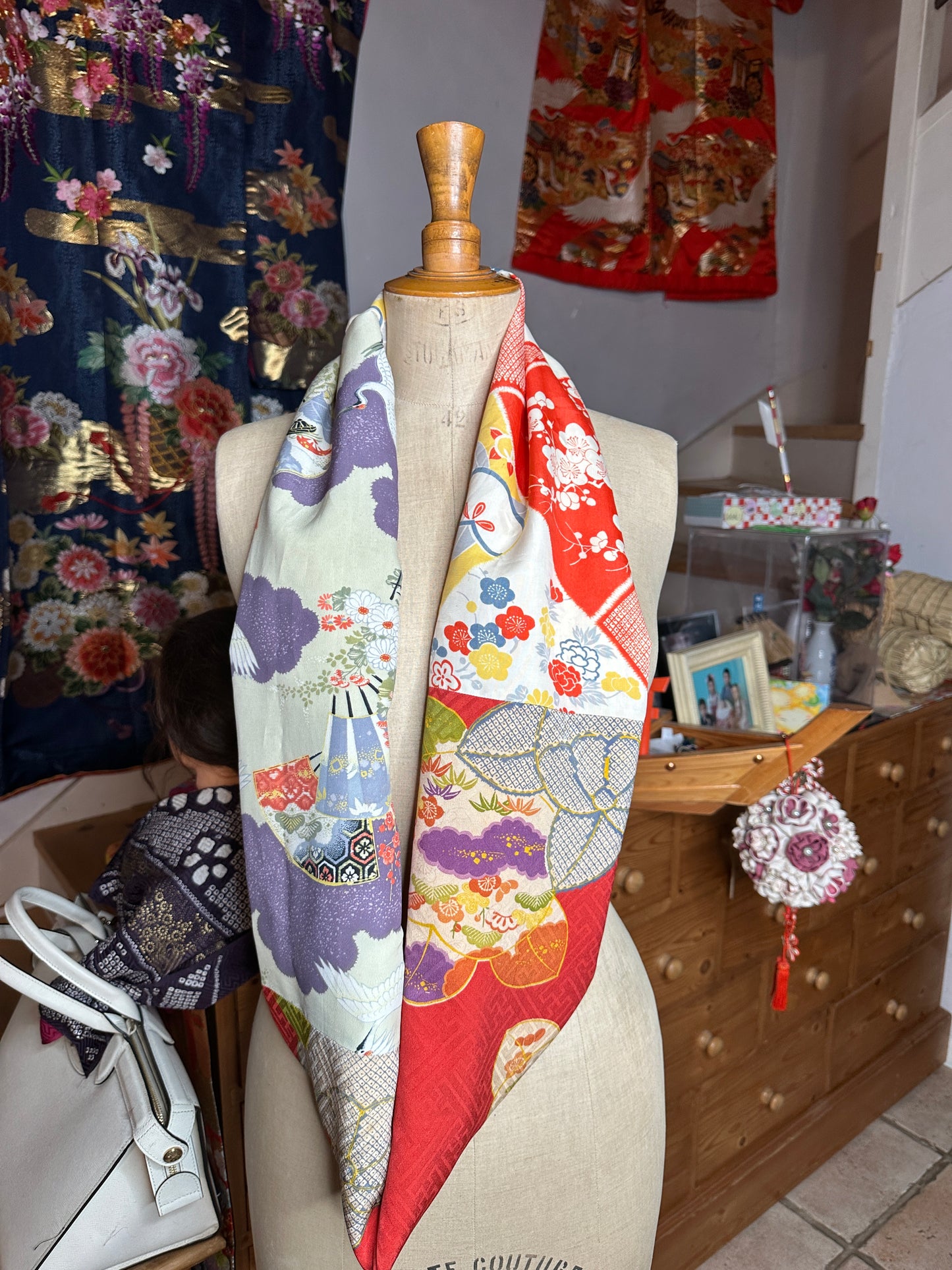 Snood tour de cou foulard kimono japonais antique en soie