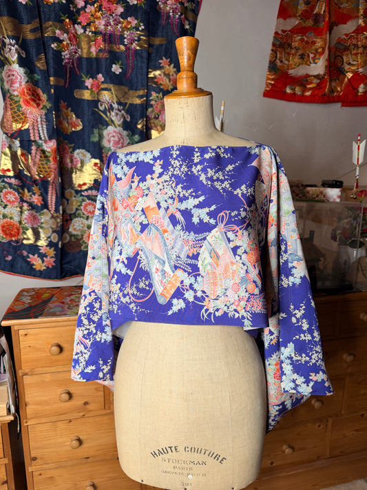 Top court tunique blouse manches longues kimono japonais en soie