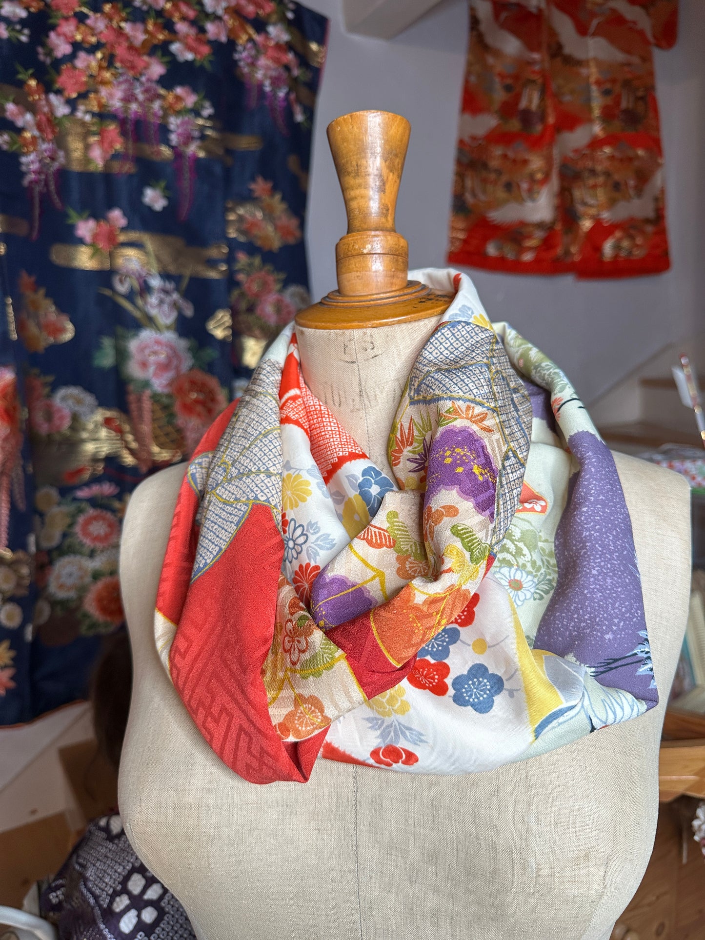 Snood tour de cou foulard kimono japonais antique en soie