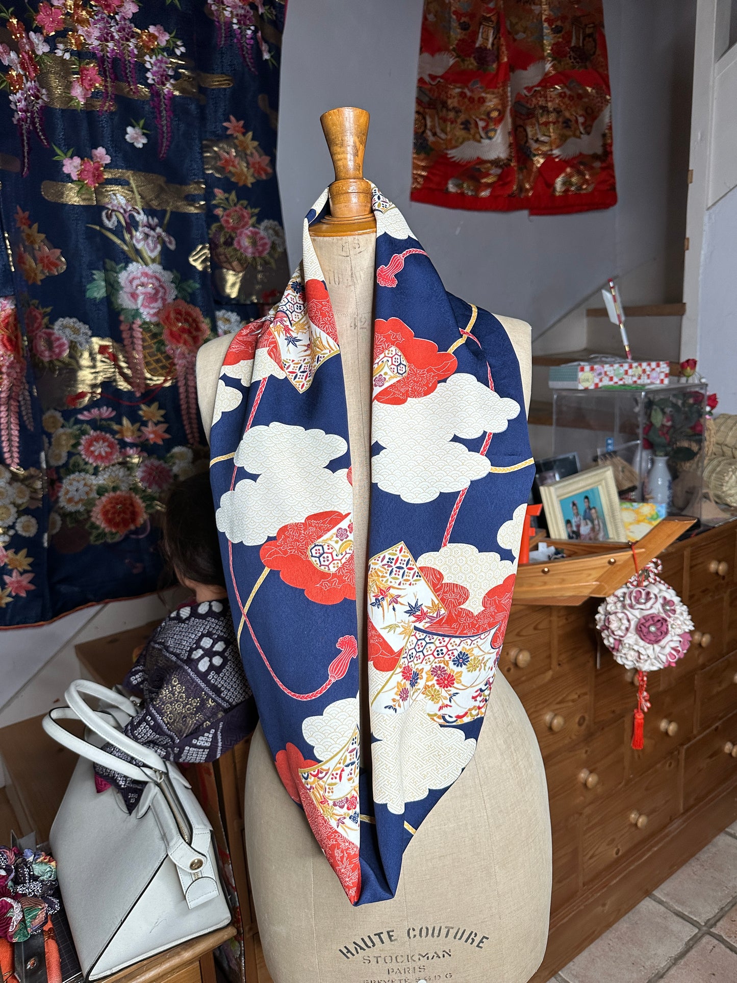 Snood tour de cou foulard kimono japonais en soie Neuf