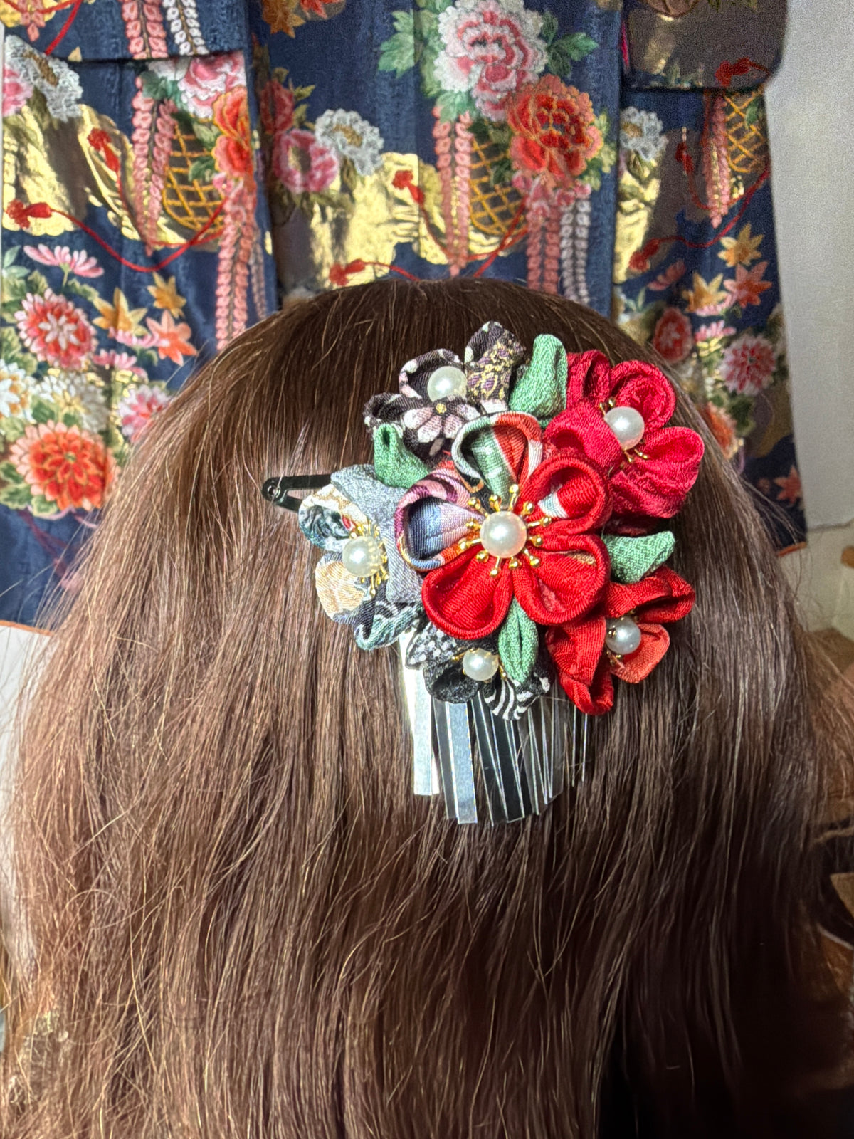 Kanzashi Barette Tsumamisaiku japonaise en soie taille grande