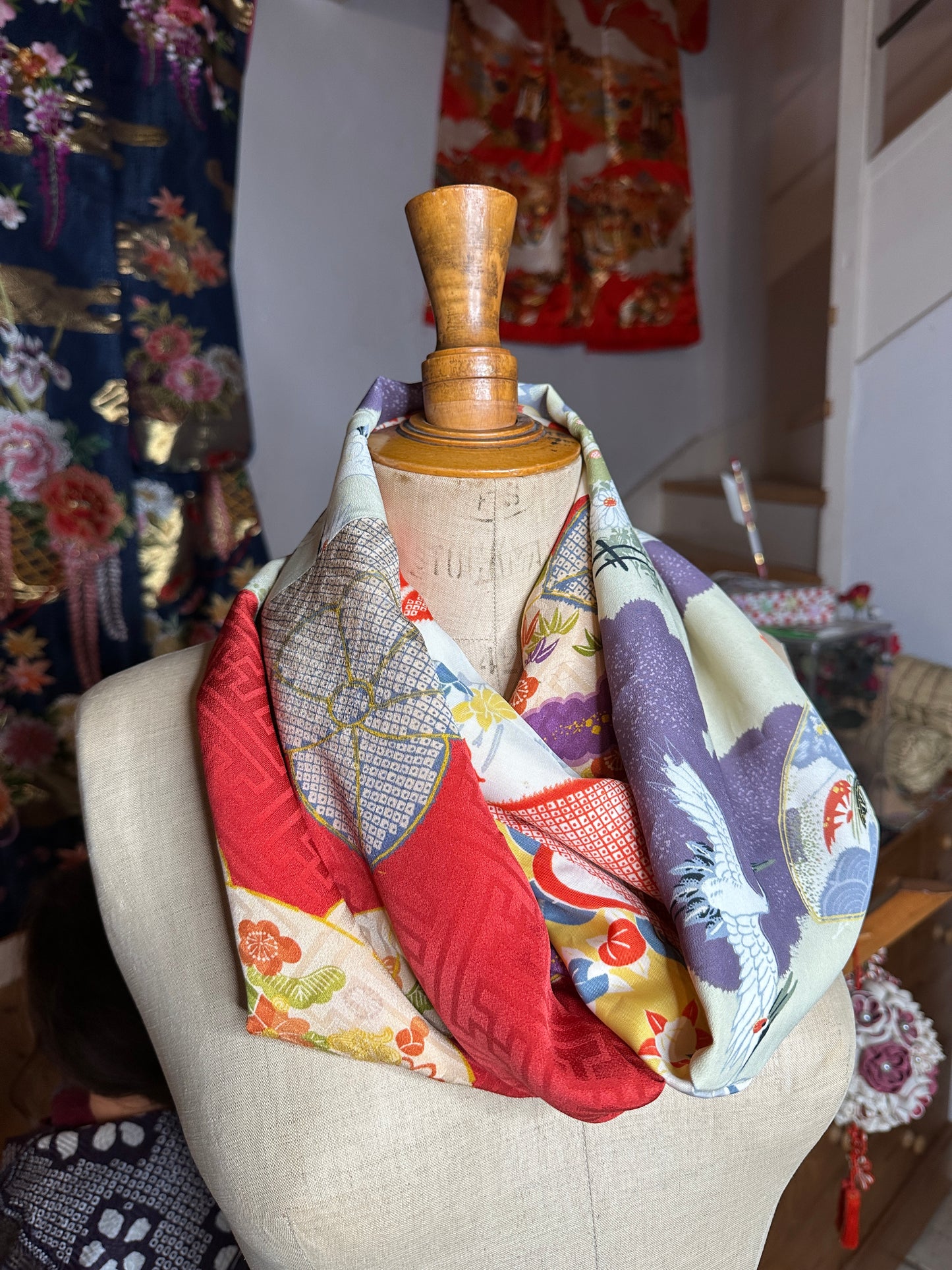 Snood tour de cou foulard kimono japonais antique en soie