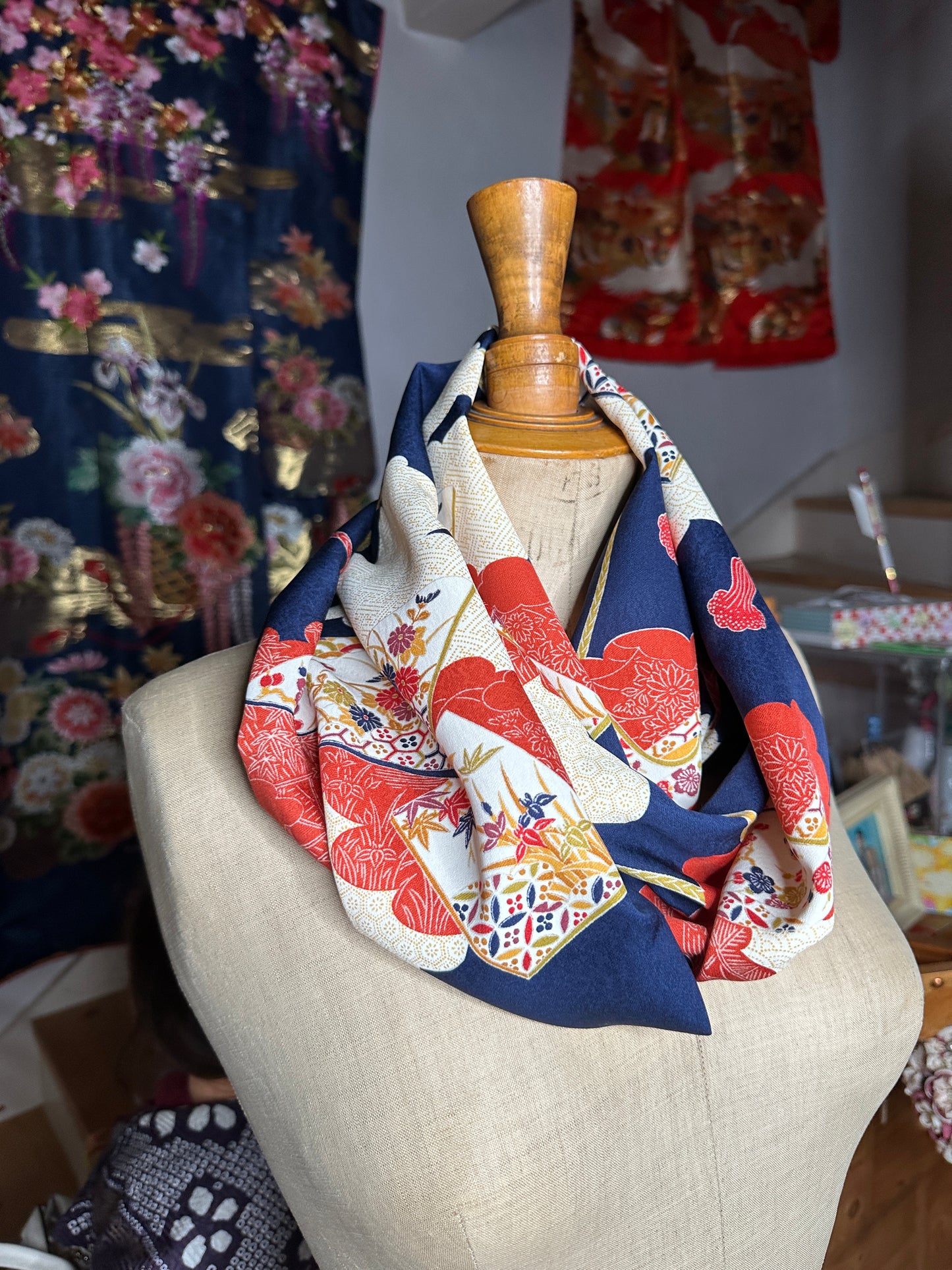 Snood tour de cou foulard kimono japonais en soie Neuf