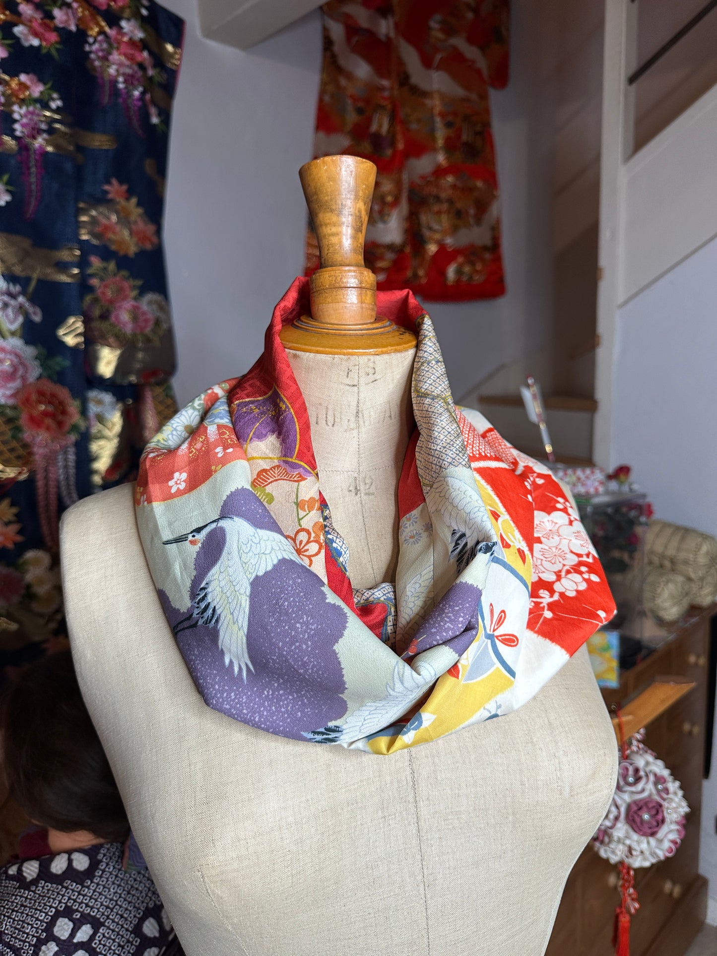 Snood tour de cou foulard kimono japonais antique en soie