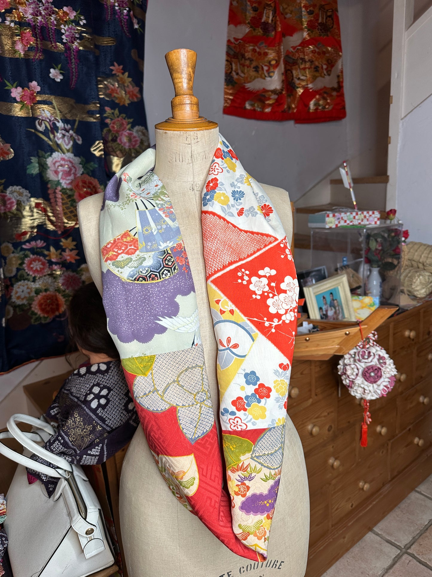 Snood tour de cou foulard kimono japonais antique en soie