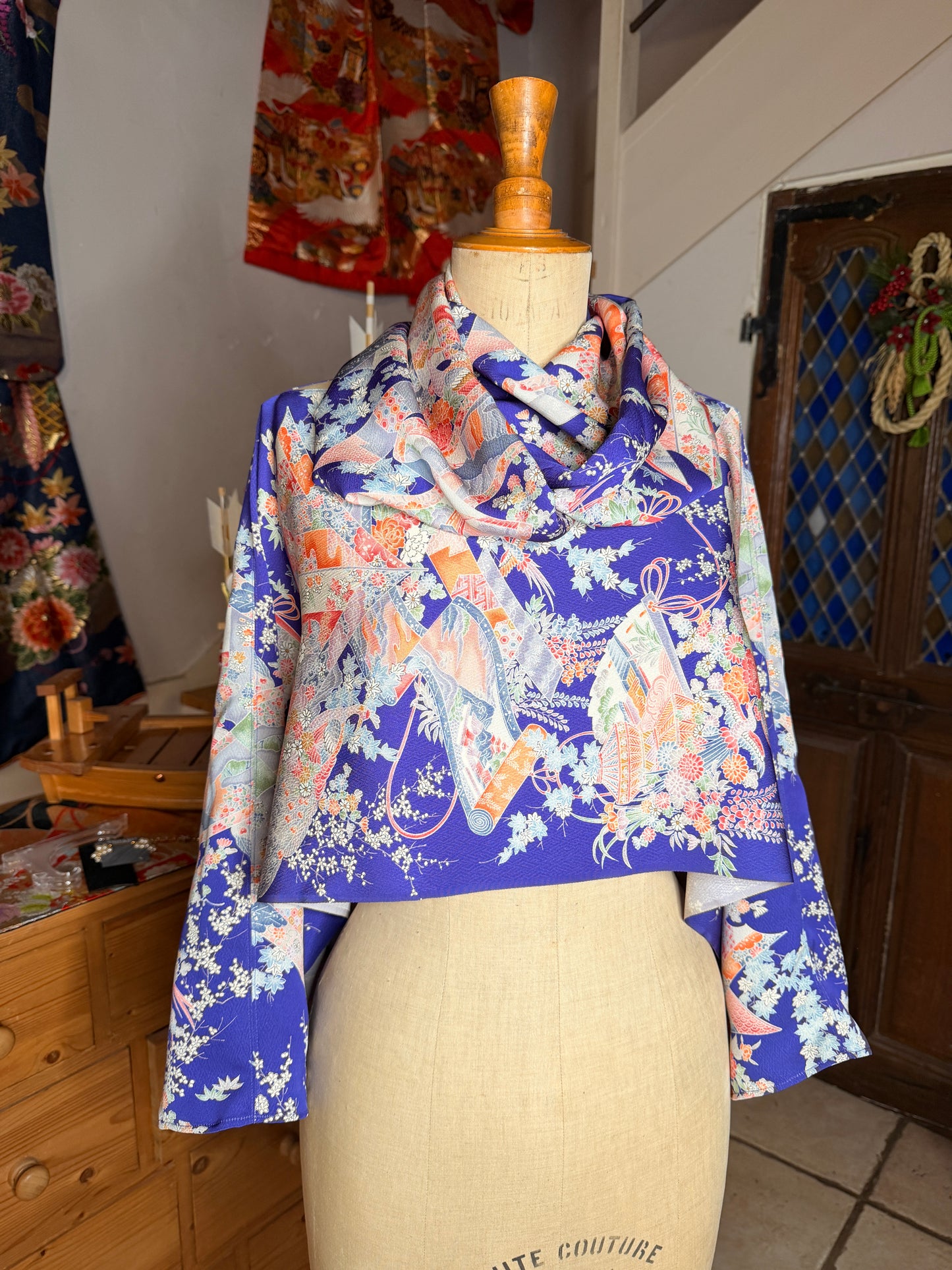 Top court tunique blouse manches longues kimono japonais en soie