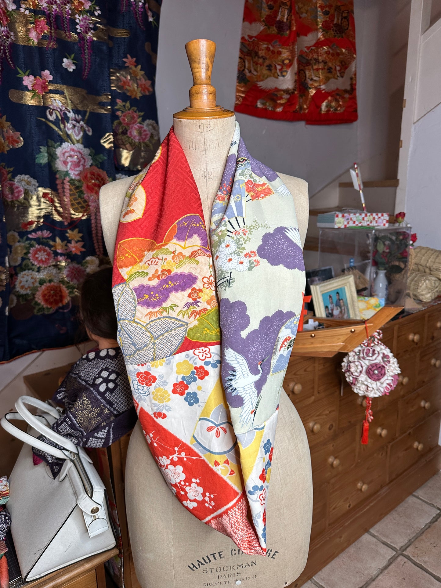 Snood tour de cou foulard kimono japonais antique en soie