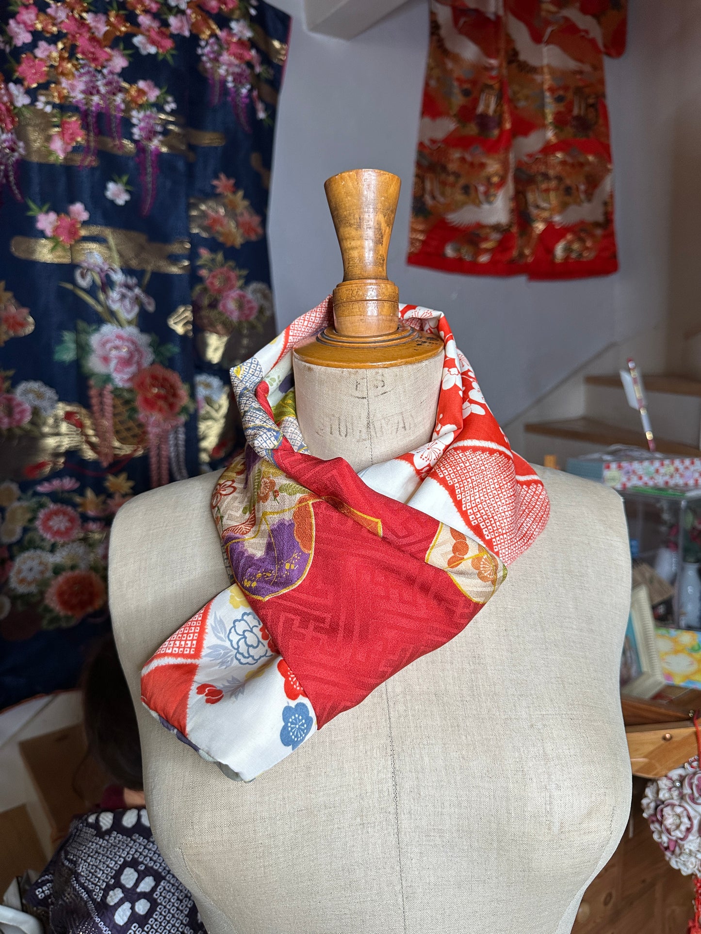 Snood tour de cou foulard kimono japonais antique en soie