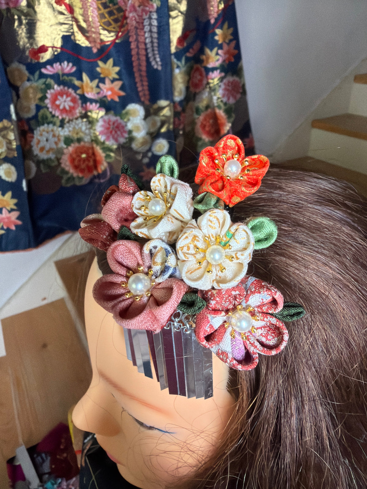 Kanzashi Barette kimono japonais Tsumamisaiku en soie taille moyen