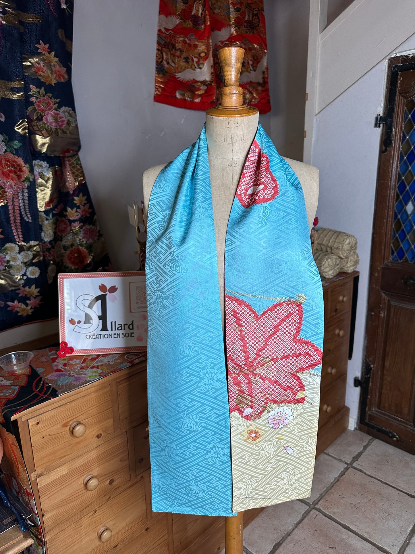 Foulard réversible furisode kimono japonais en soie Neuf