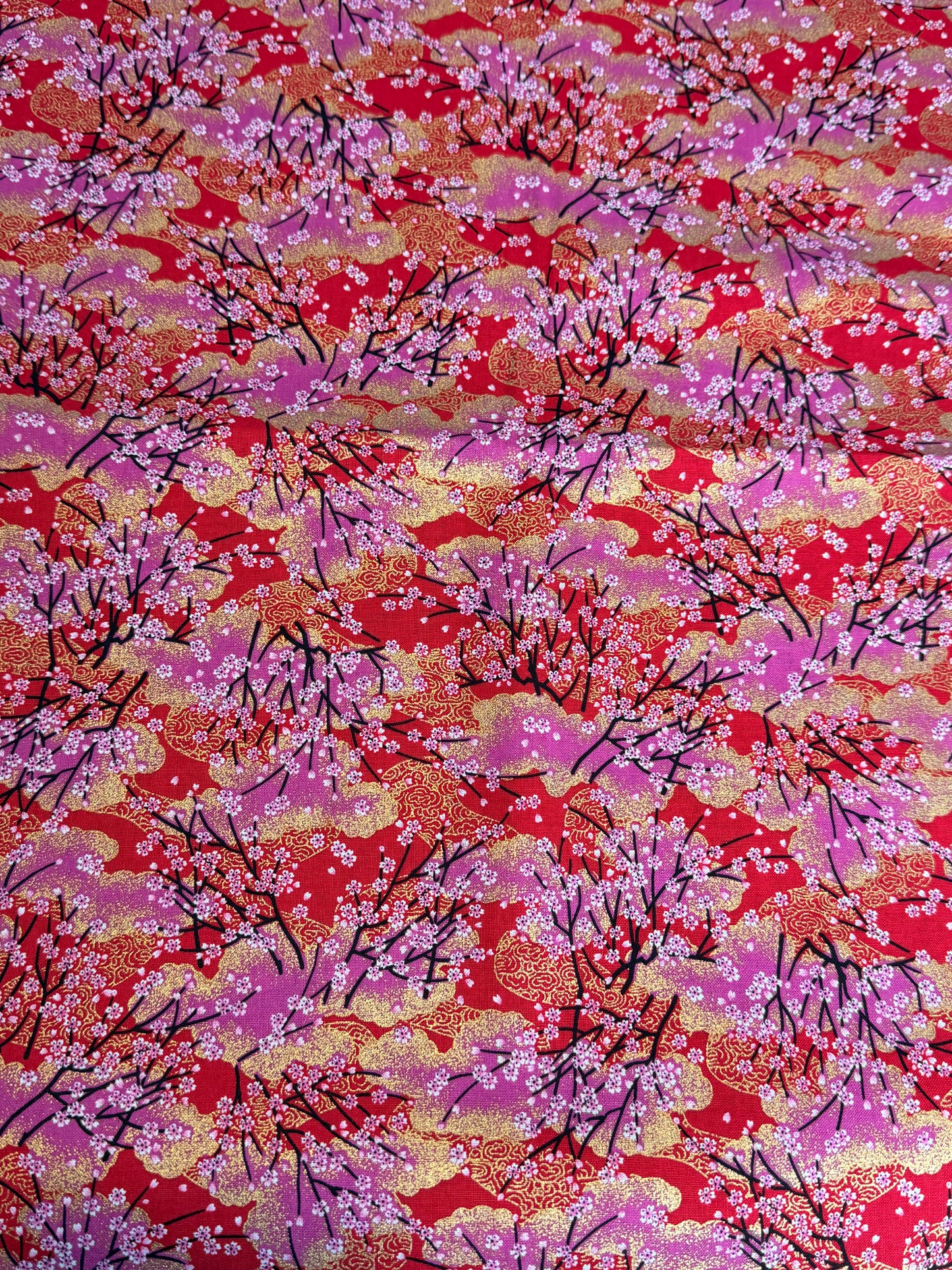 Tissu japonais cerisiers rouge rose
