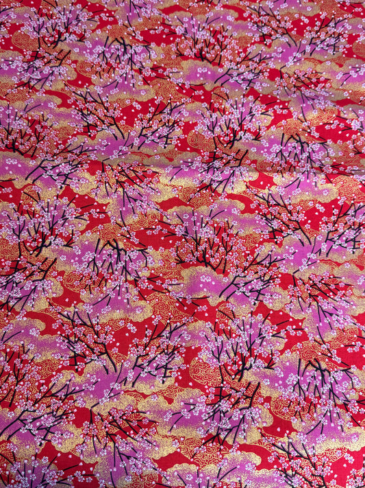 Tissu japonais cerisiers rouge rose
