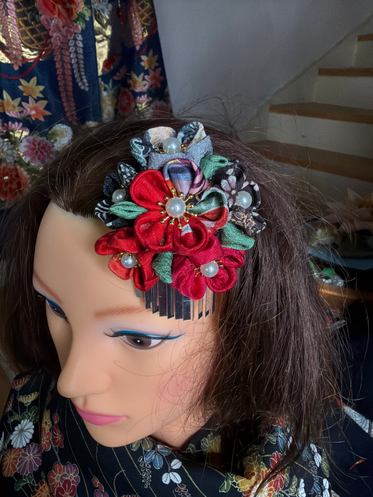 Kanzashi Barette Tsumamisaiku japonaise en soie taille grande