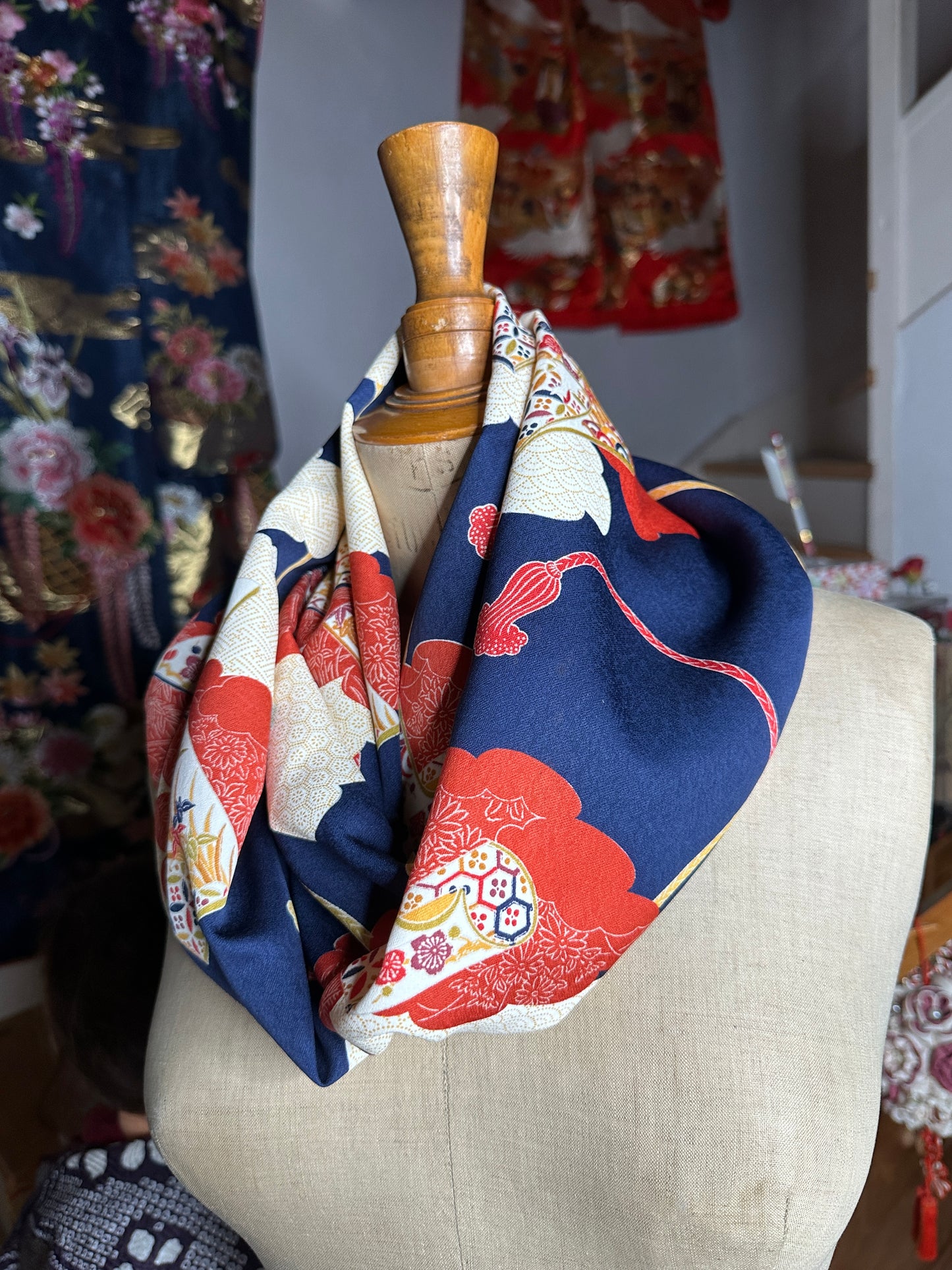 Snood tour de cou foulard kimono japonais en soie Neuf