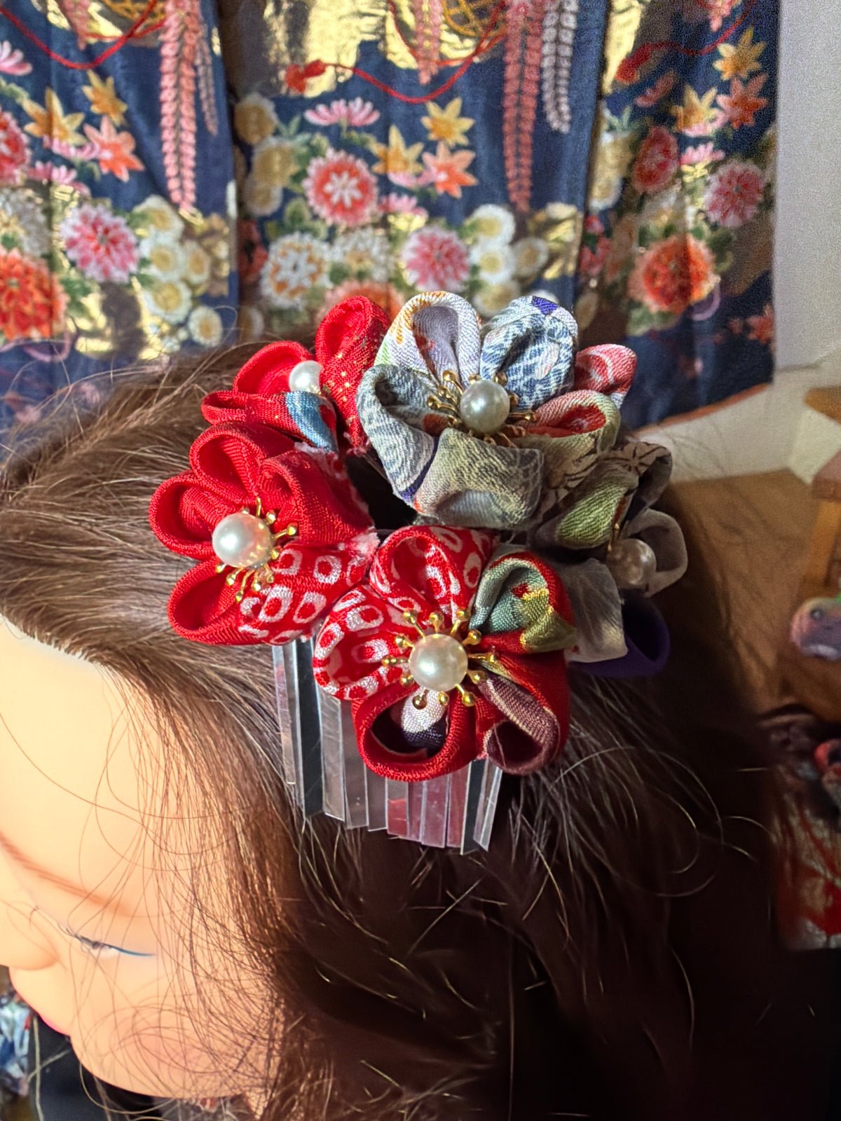 Kanzashi Barette kimono japonais en soie Tsumamisaiku taille grand