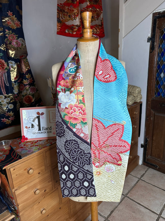 Foulard réversible furisode kimono japonais en soie Neuf