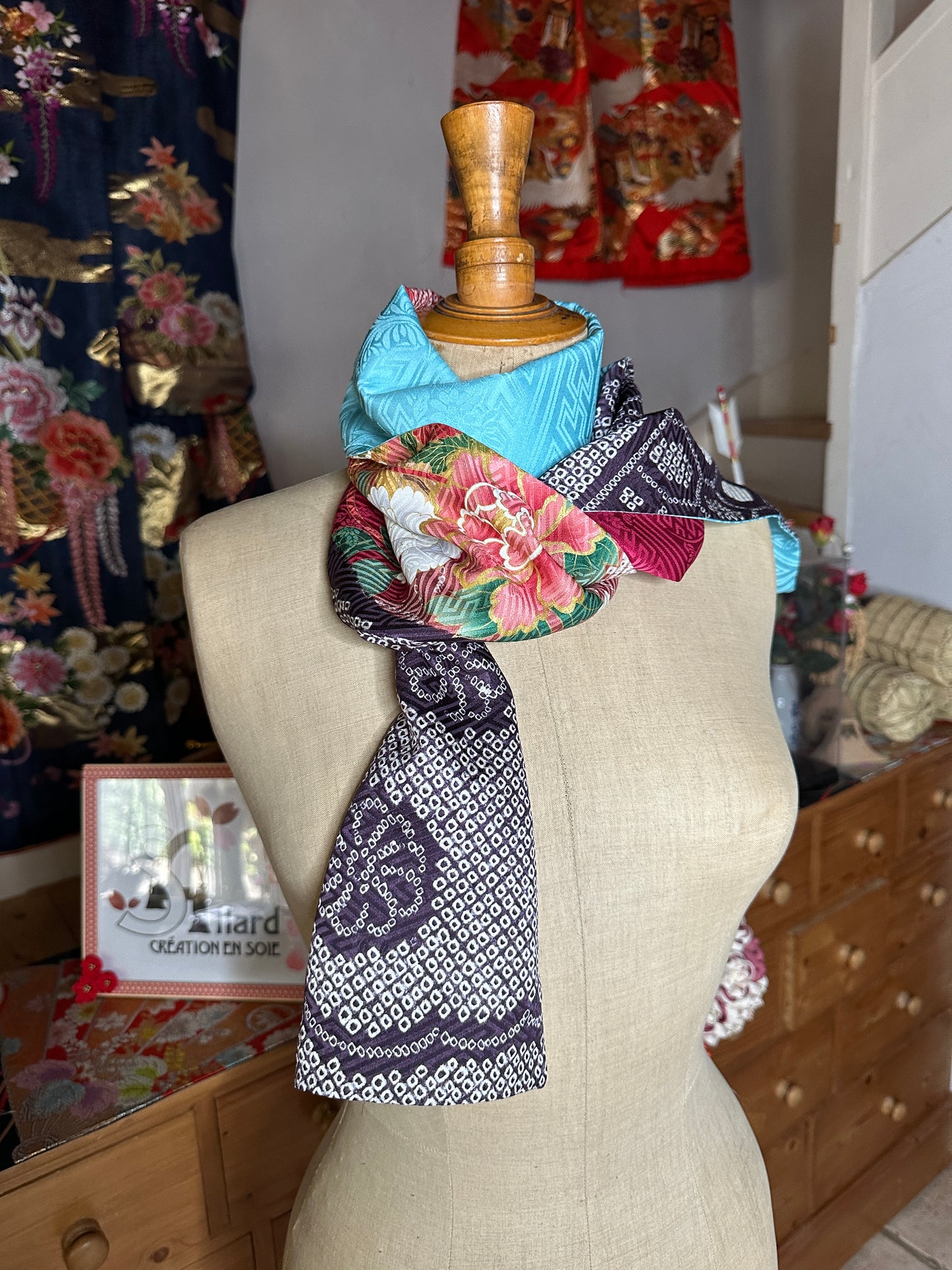 Foulard réversible furisode kimono japonais en soie Neuf