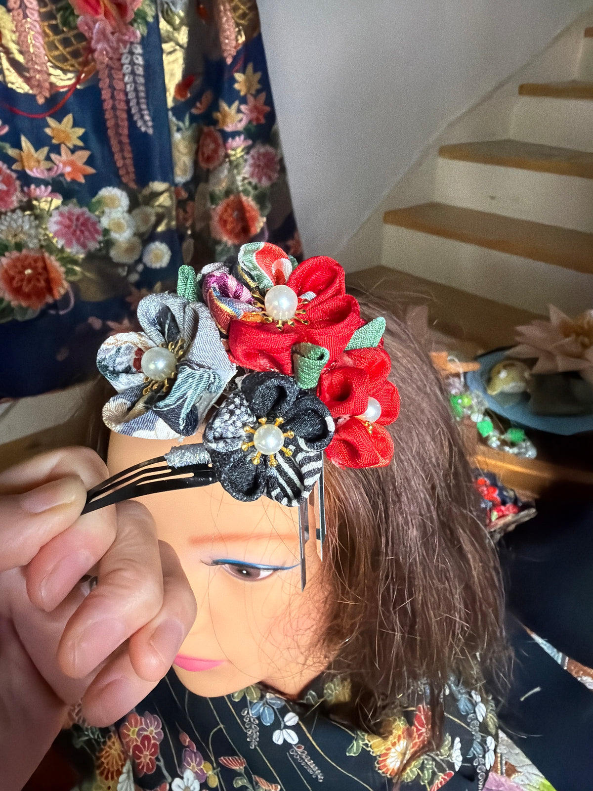 Kanzashi Barette Tsumamisaiku japonaise en soie taille grande