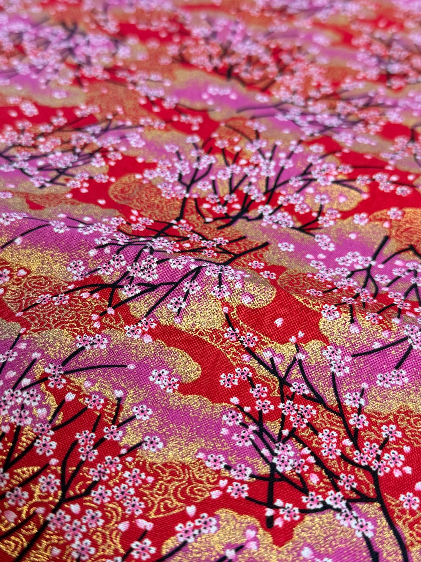 Tissu japonais cerisiers rouge rose