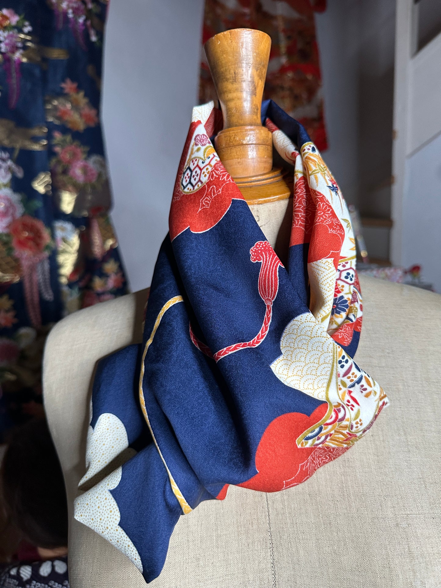 Snood tour de cou foulard kimono japonais en soie Neuf