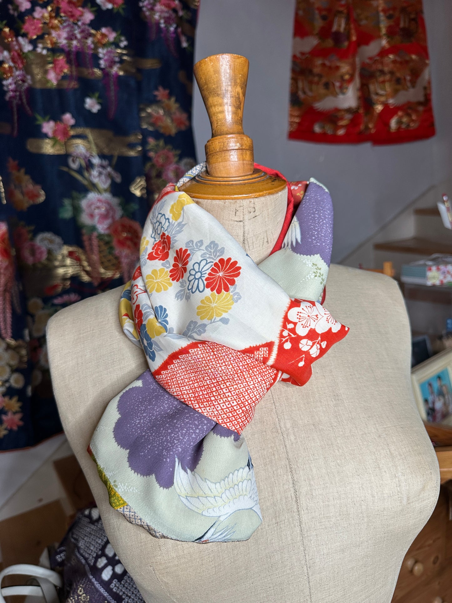 Snood tour de cou foulard kimono japonais antique en soie