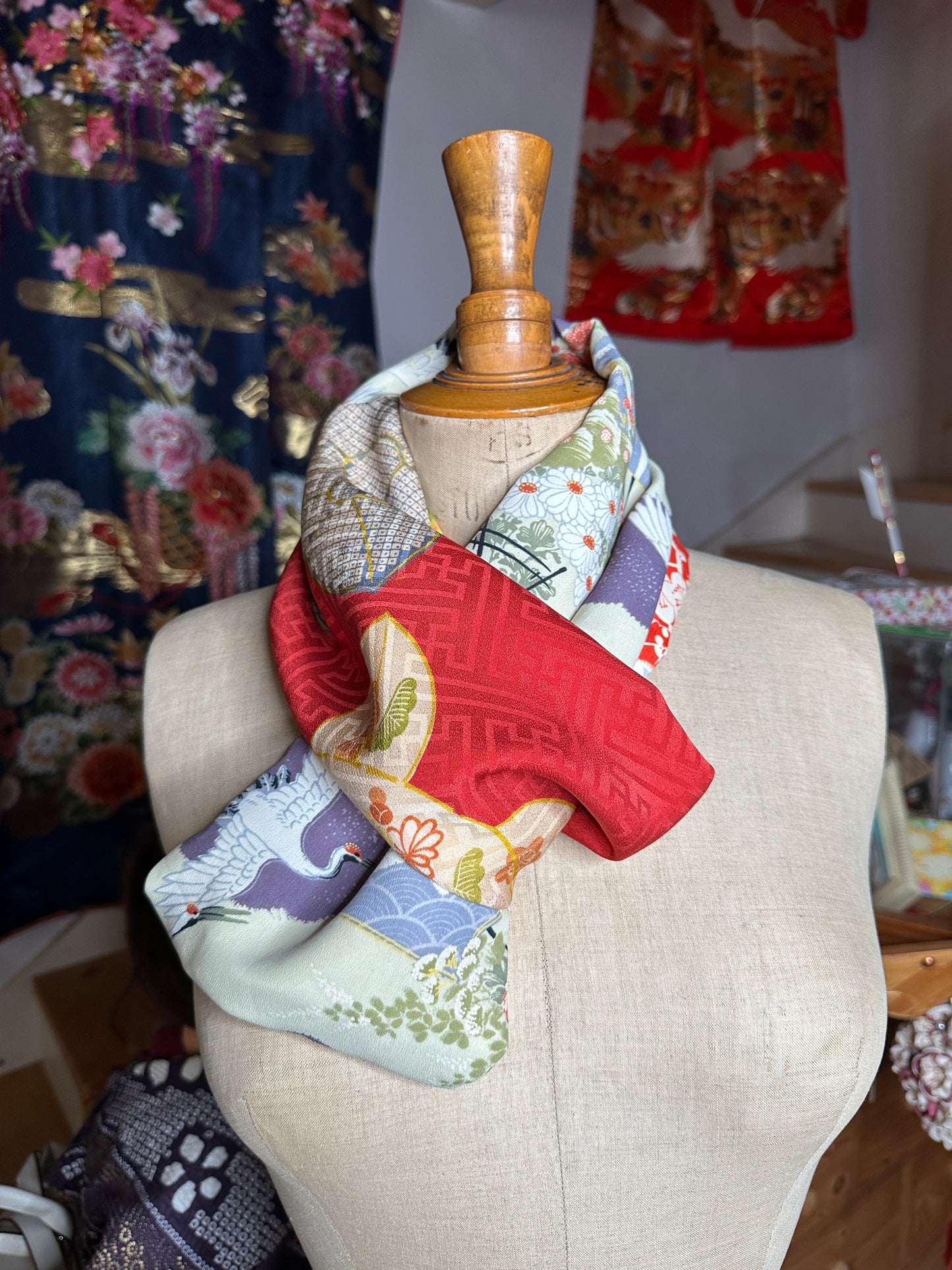 Snood tour de cou foulard kimono japonais antique en soie