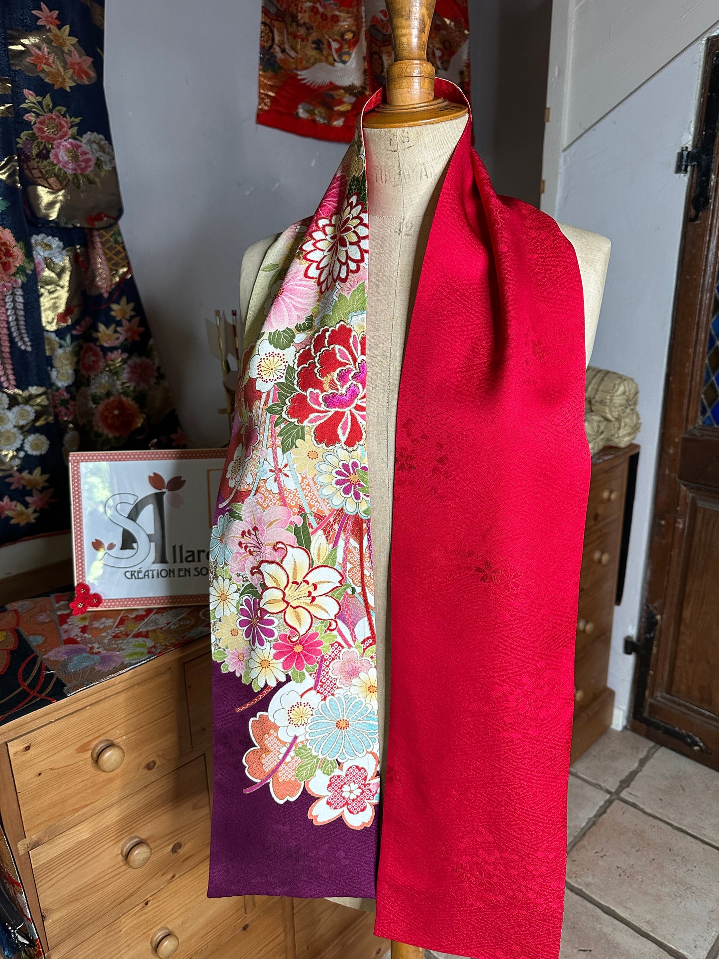 Foulard réversible kimono japonais Furisode en soie