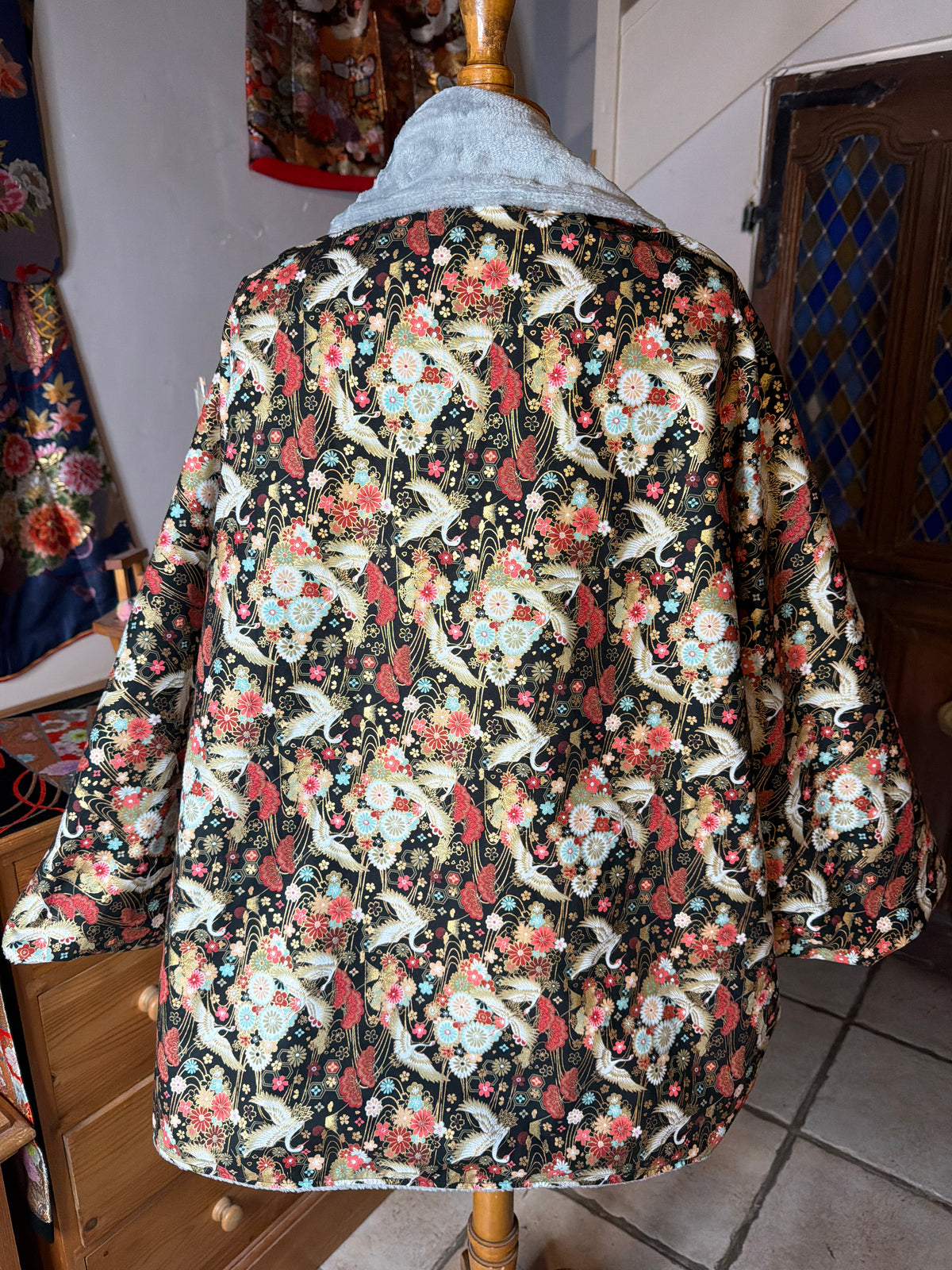 Momonga veste japonaise réversible tissu japonais en coton et micro polaire