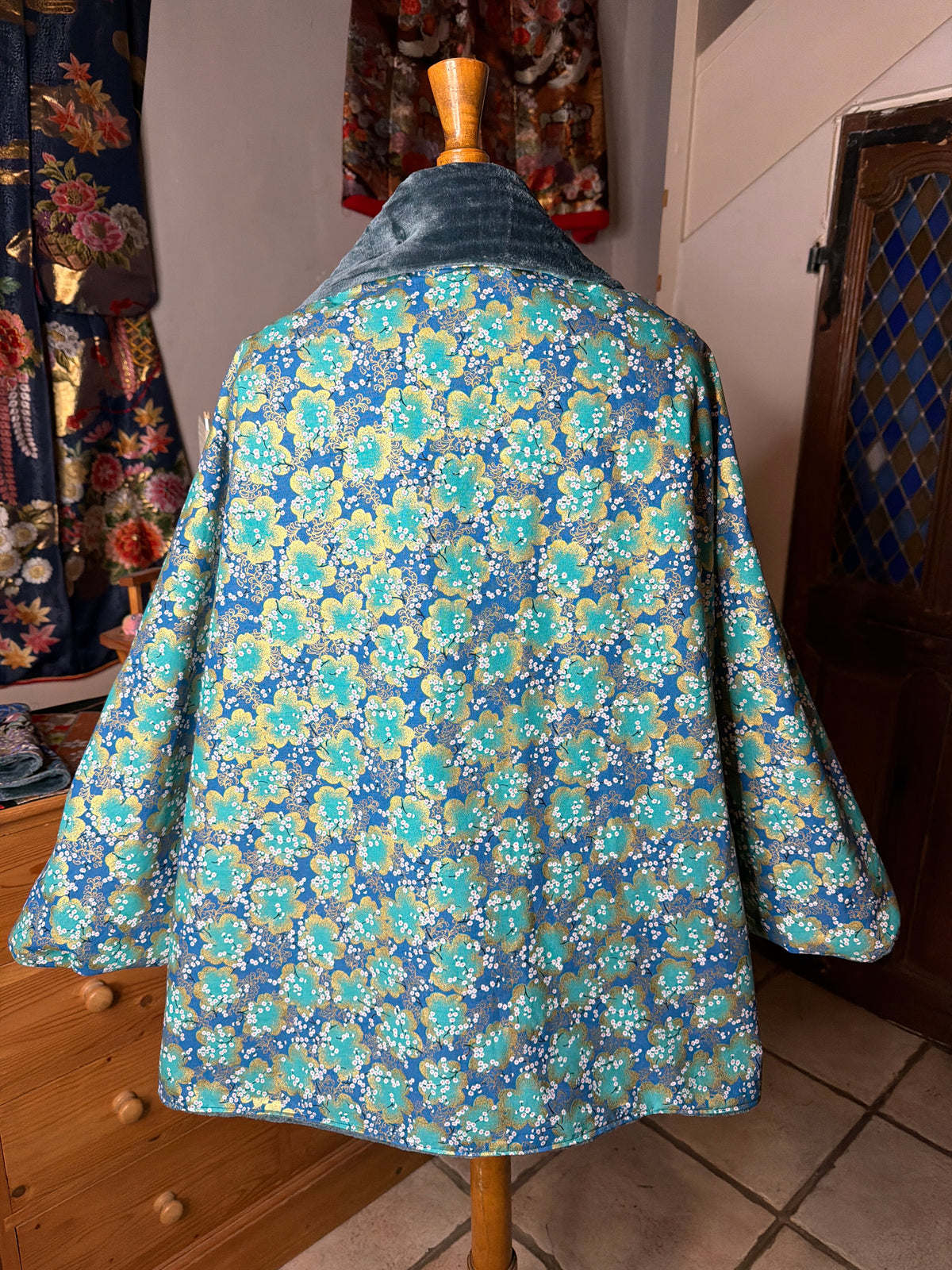 Momonga veste réversible tissu japonais en coton et micro polaire bleu