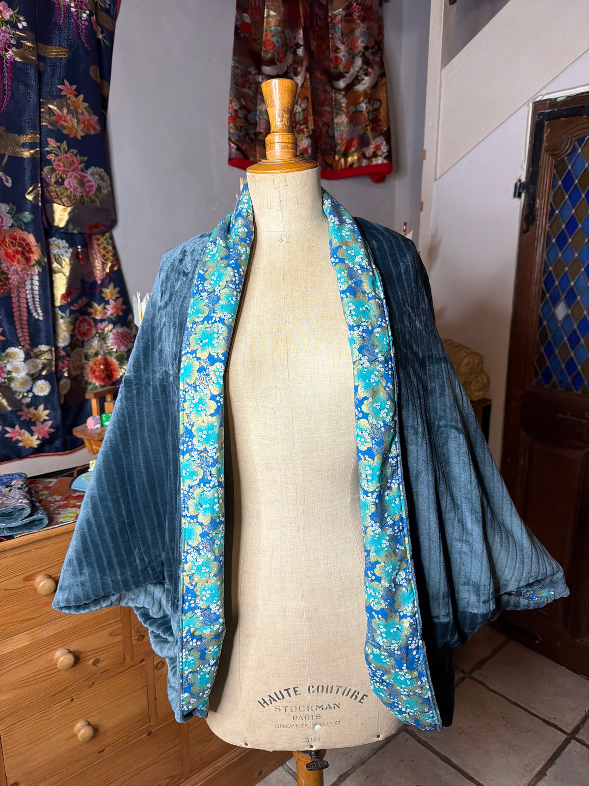 Momonga veste réversible tissu japonais en coton et micro polaire bleu