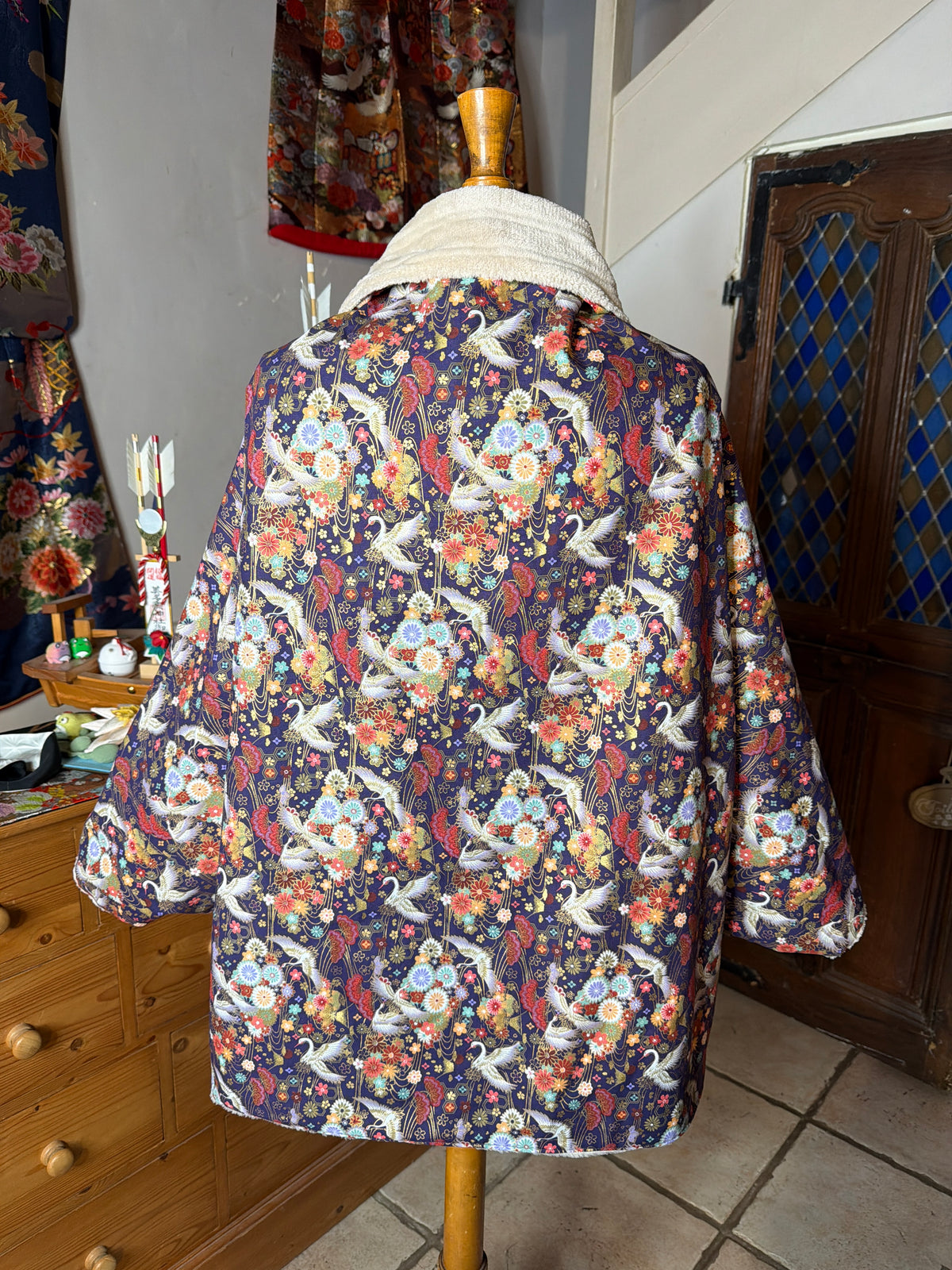 Momonga veste réversible tissu japonais en coton et micropolaire