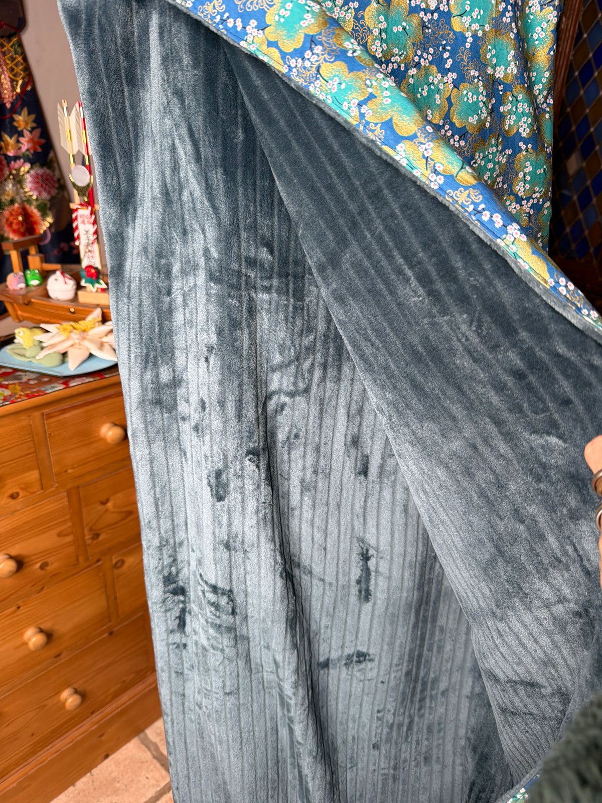 Momonga veste réversible tissu japonais en coton et micro polaire bleu