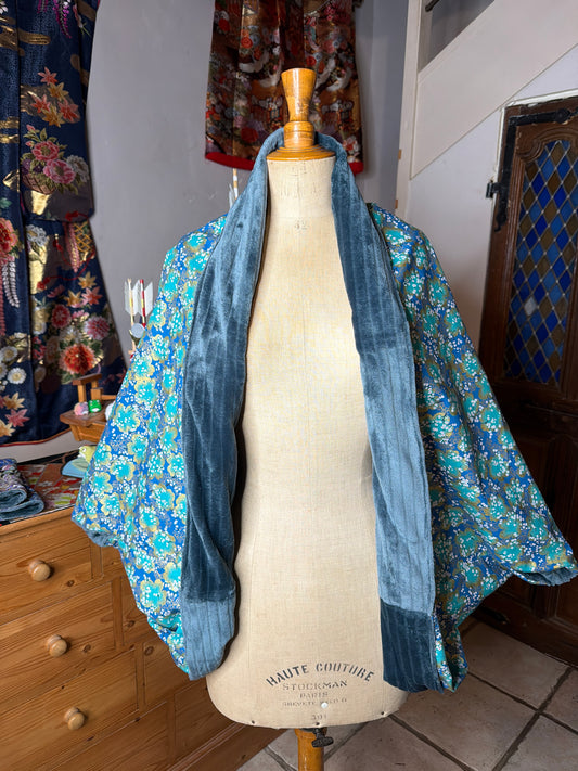 Momonga veste réversible tissu japonais en coton et micro polaire bleu