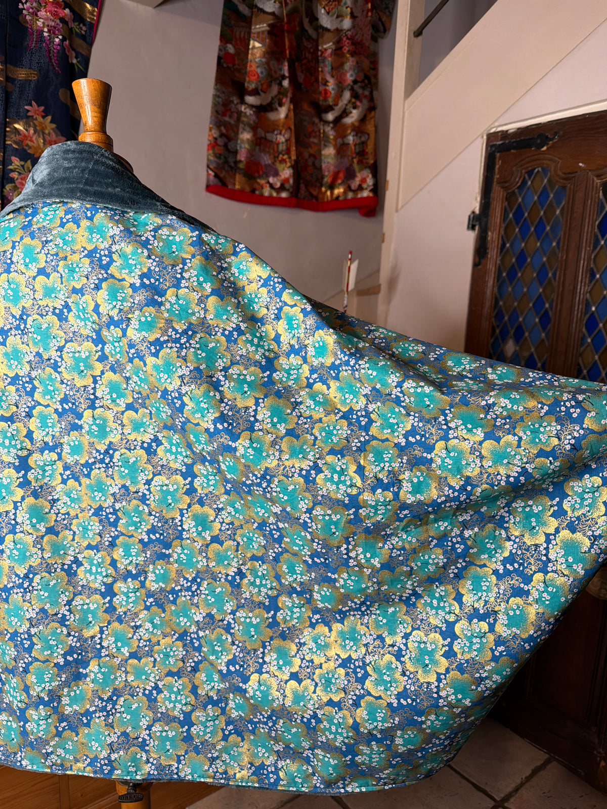 Momonga veste réversible tissu japonais en coton et micro polaire bleu