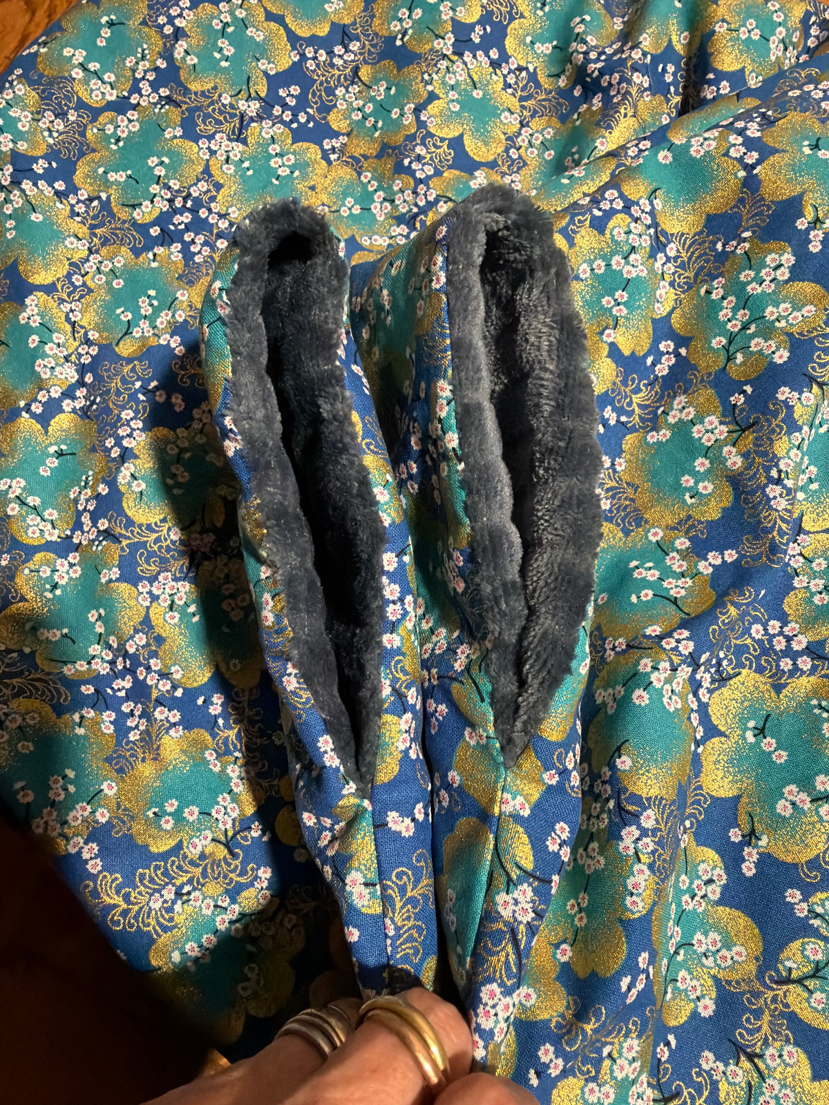 Momonga veste réversible tissu japonais en coton et micro polaire bleu
